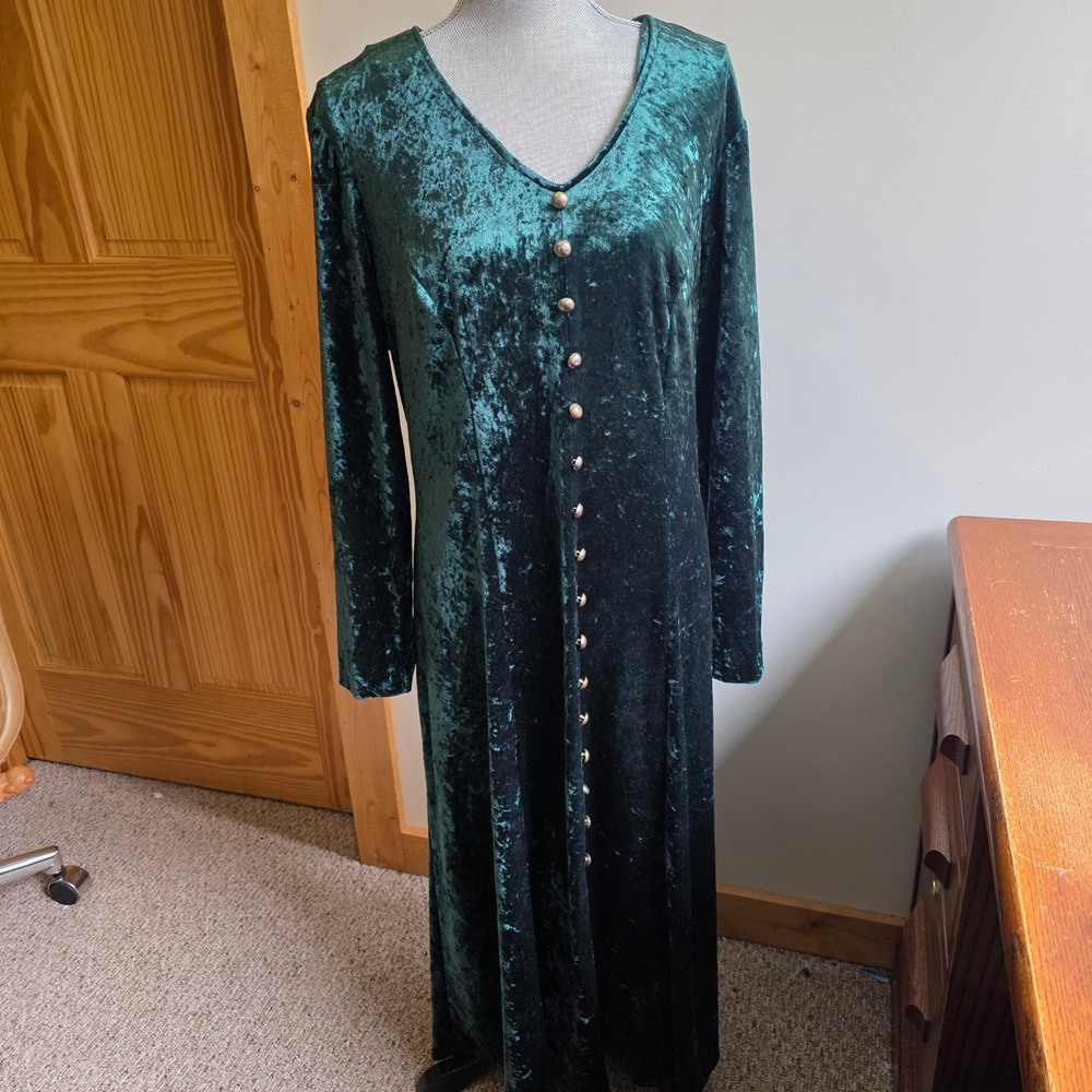 Vintage Whimsigoth Witchy Vamp Emerald Green Crushed Velvet Maxi Dress 20W Ren